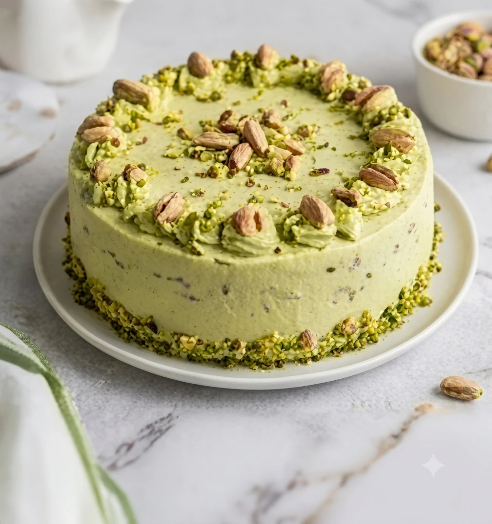 Pista Kulfi cake crusted with roasted pistachios