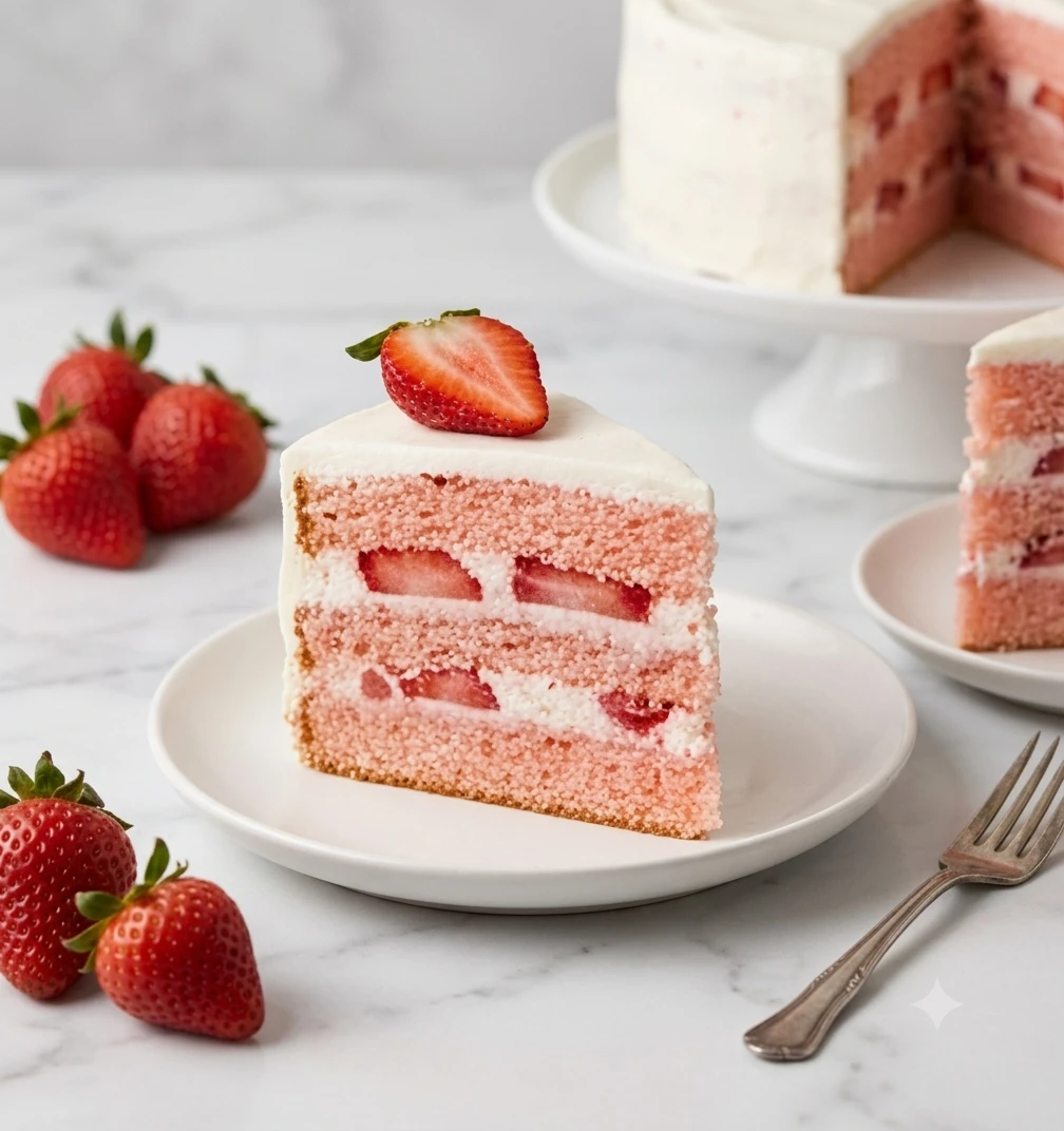 Strawberry cream layer cake slice with fresh strawberries