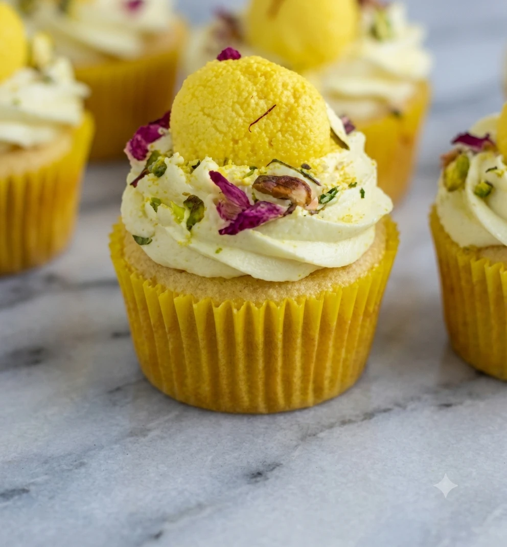 Rasmalai cupcake with saffron cream, rose petals and pistachio