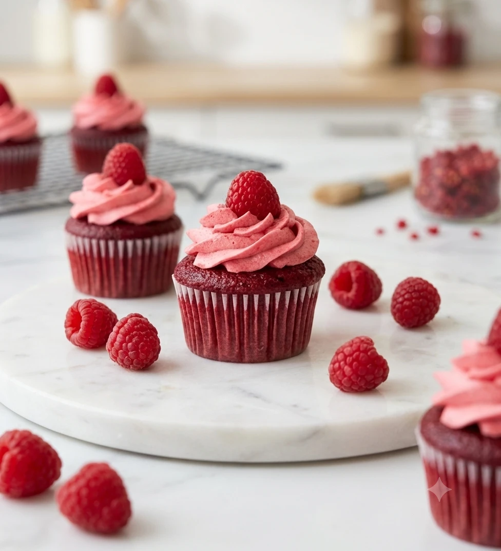 Raspberry cupcake topped with fresh raspberries
